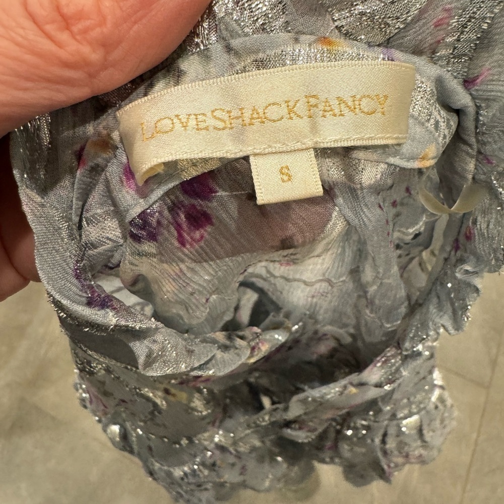 LOVESHACKFANCY Alyssa sheer silk & silver metallic ruffle feminine top small - Picture 4 of 9